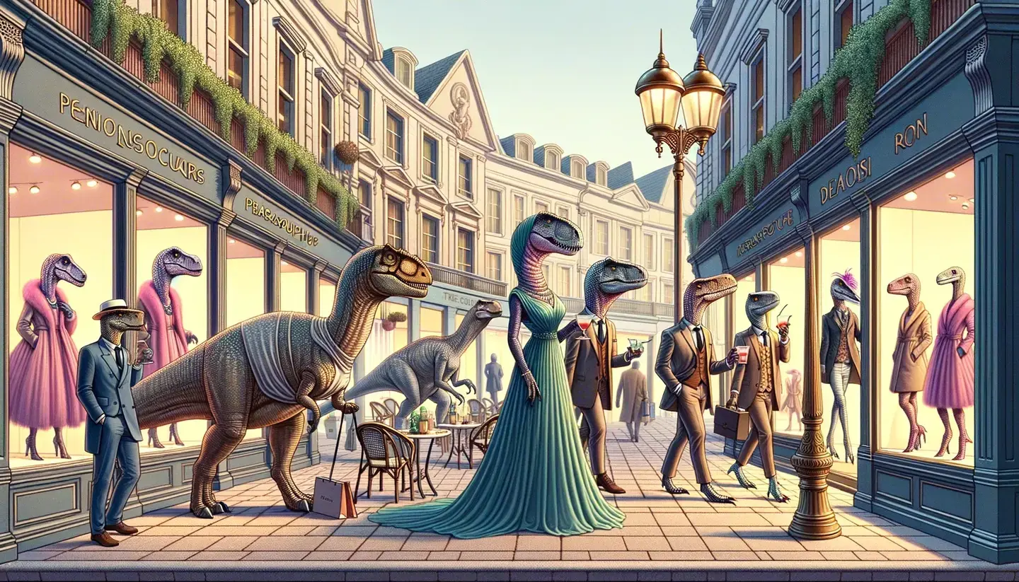 Illustration of a dinosaur civilization's high-fashion district. The scene depicts elegantly dressed dinosaurs of various species, such as a Diplodocus in a flowing evening gown and a Parasaurolophus in a bespoke suit, window-shopping at luxury boutiques. The street is flanked by chic cafes where dinosaurs sip on beverages, and a fashion show is taking place in the central plaza, with a Velociraptor model strutting on the runway in avant-garde attire. The overall setting combines contemporary fashion culture with a realistic portrayal of a dinosaur society, complete with ornate lamp posts and decorative greenery.